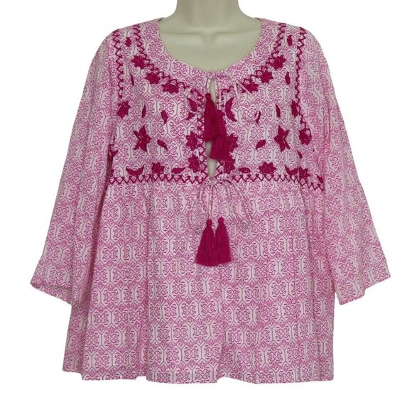 Hazel Women Large Pink Embroidered Keyhole Blouse Tassels Shirt Top Tunic Blouse - Picture 1 of 9